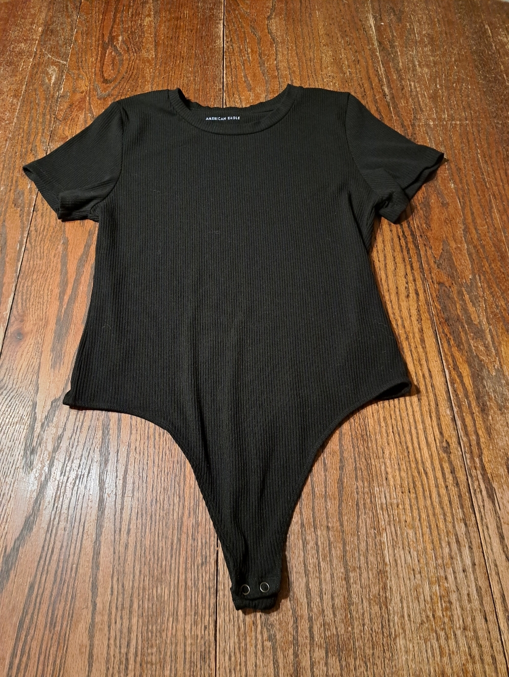 XL American Eagle Black Ribbed Short Sleeve Bodysuit One Piece